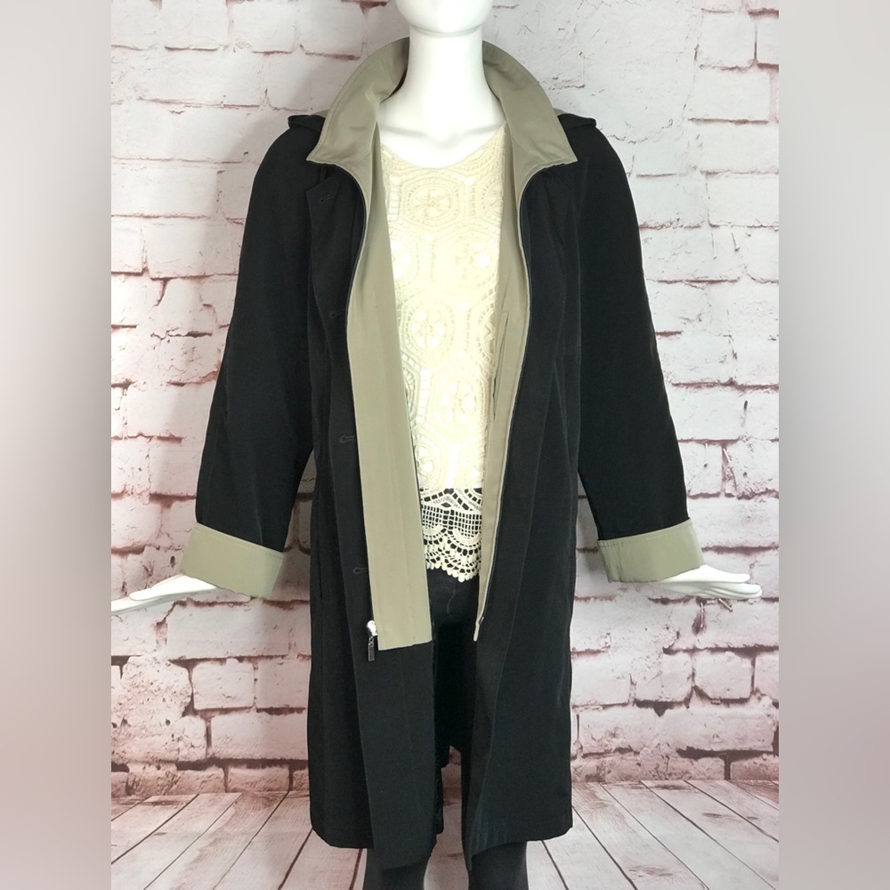 GALLERY Black & Taupe Trench Coat Raincoat detach Hood Size Medium 37” Length - Picture 5 of 16